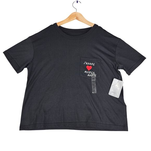 DISNEY PARKS WOMENS J’ADORE MICKEY MOUSE BLACK POCKET T-SHIRT SIZE X-SMALL - Picture 1 of 10